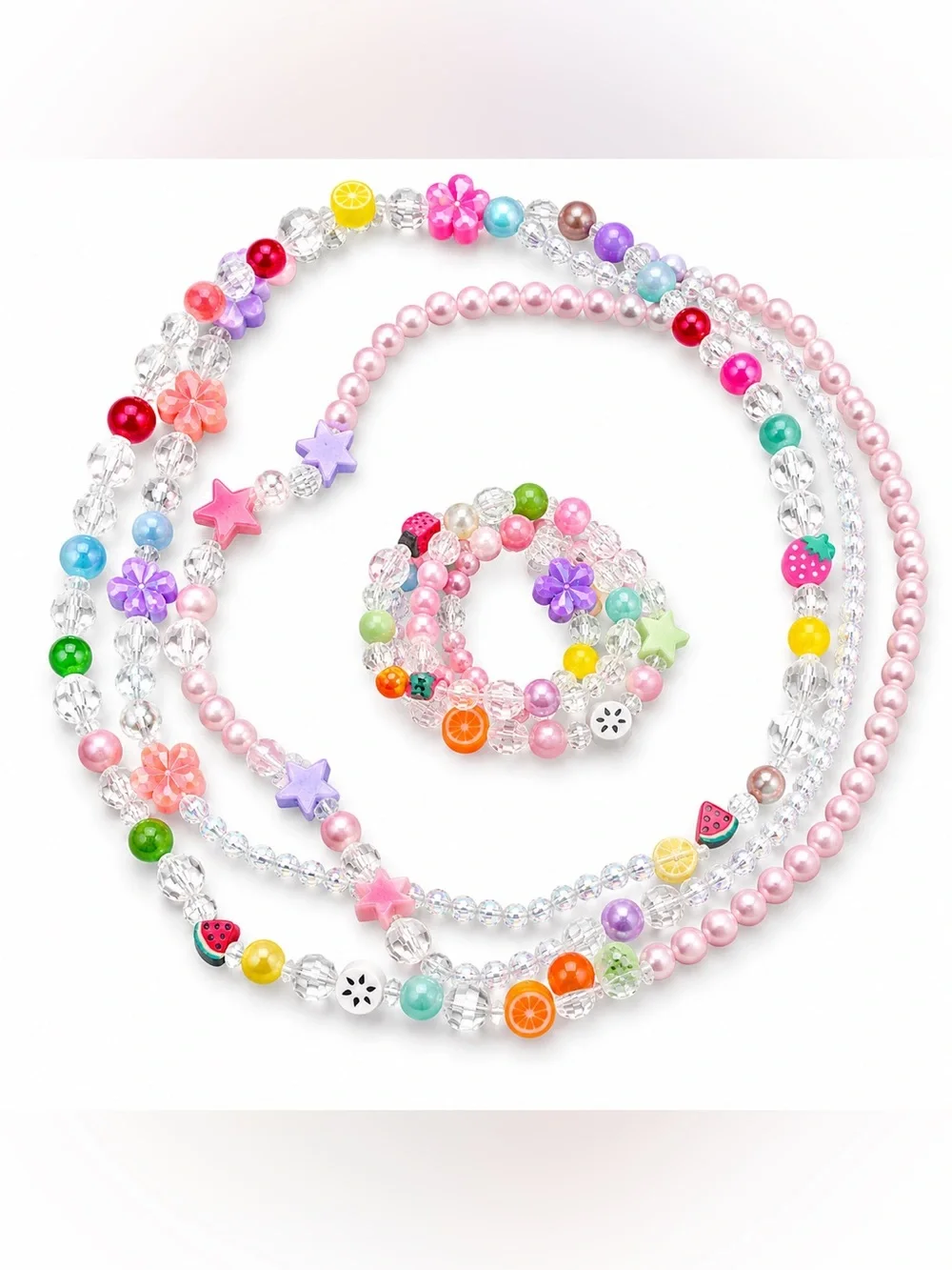 Colorful Beaded 3 Necklace & Bracelet Set Fruit Flower Star Charms NWT